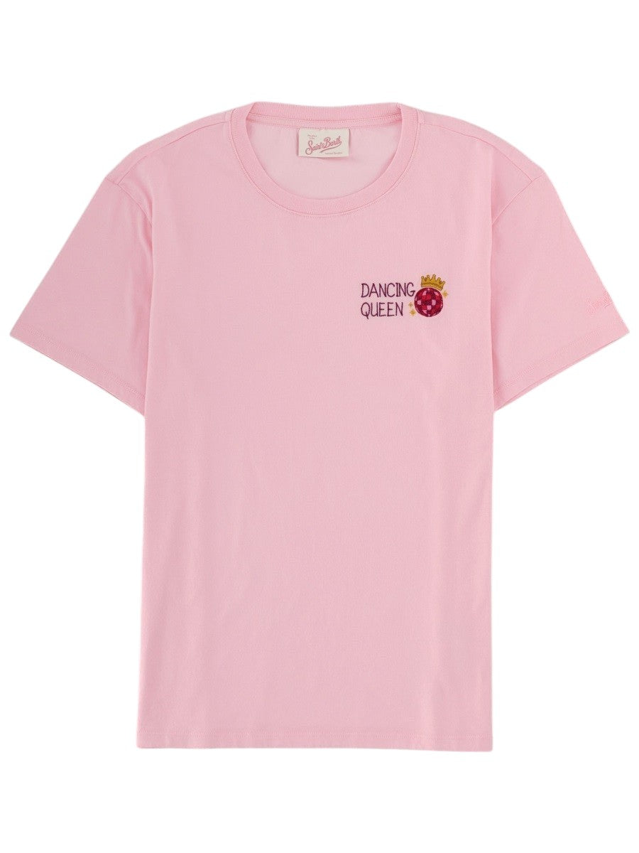 MC2 Saint Barth Emilie pink T-shirt with short sleeves, crew neck and small Dancing Queen disco ball embroidery on the chest.