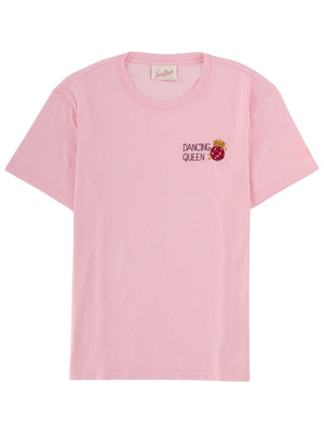 MC2 Saint Barth Emilie pink T-shirt with short sleeves, crew neck and small Dancing Queen disco ball embroidery on the chest.