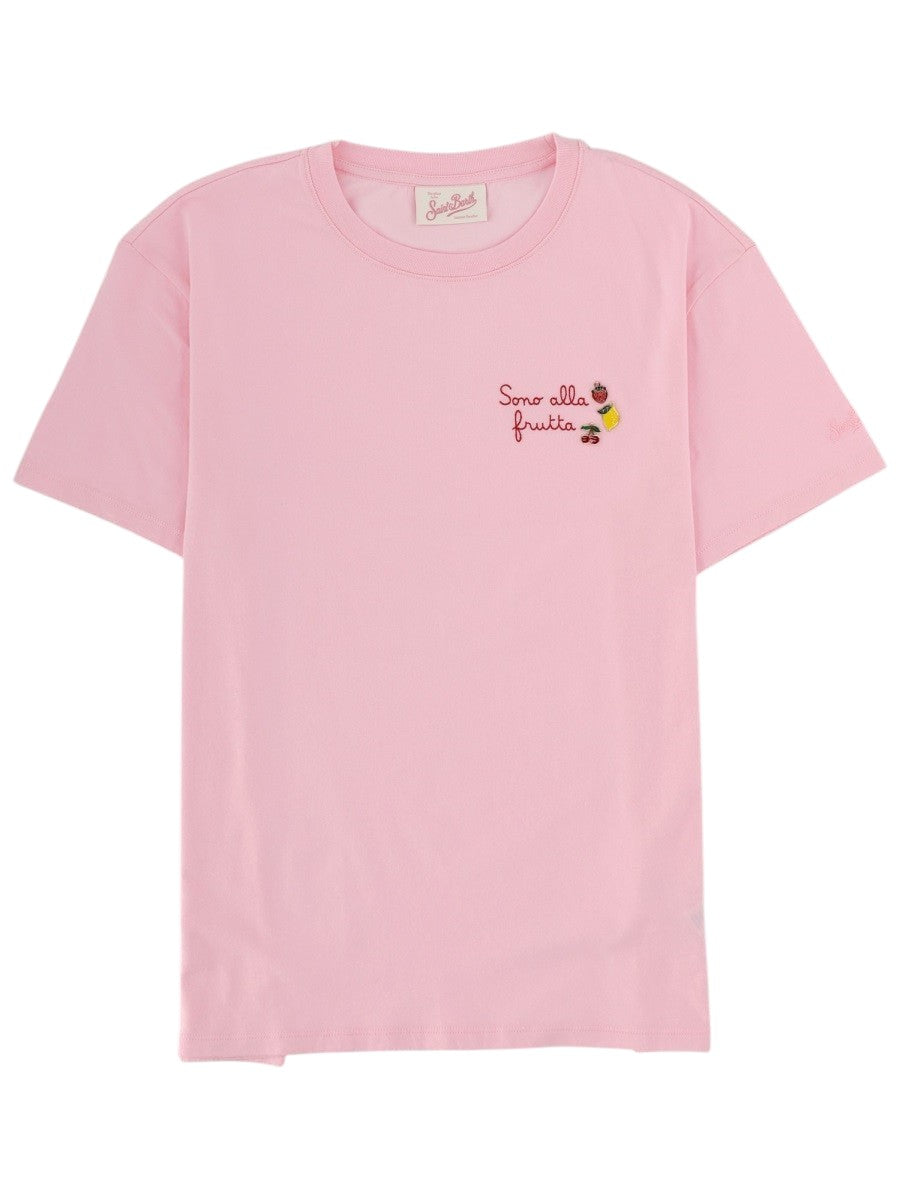 MC2 Saint Barth Emilie pink T-shirt with short sleeves, crew neck and small Sono alla Frutta fruit embroidery on the chest.