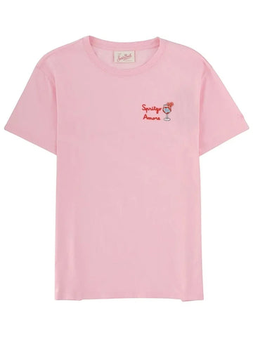 MC2 Saint Barth Emilie pink T-shirt with short sleeves, crew neck, and small Spritzy Amore cocktail embroidery on the chest