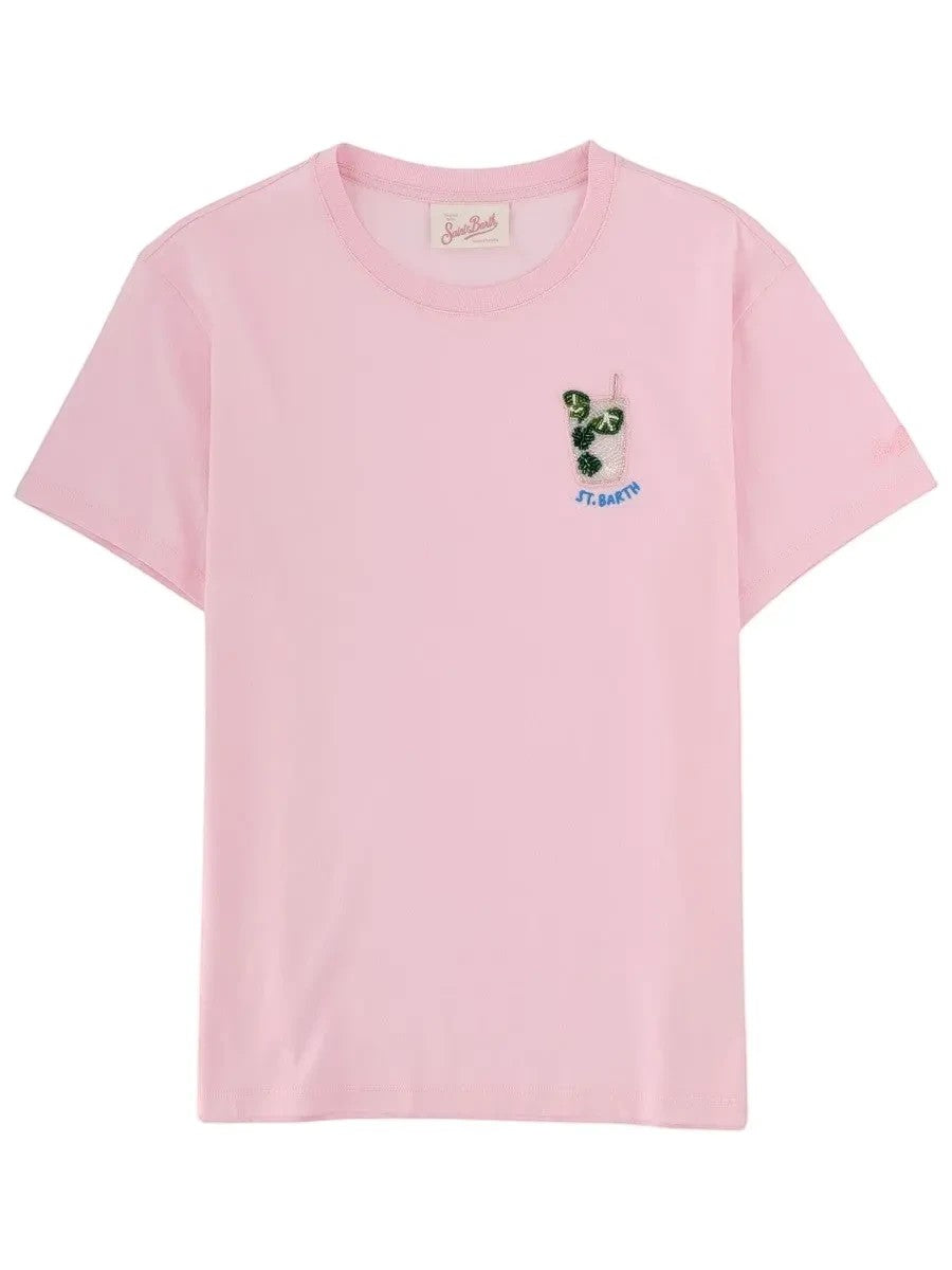 MC2 Saint Barth Emilie pink T-shirt with short sleeves, crew neck and small St. Barth cocktail embroidery on the chest.