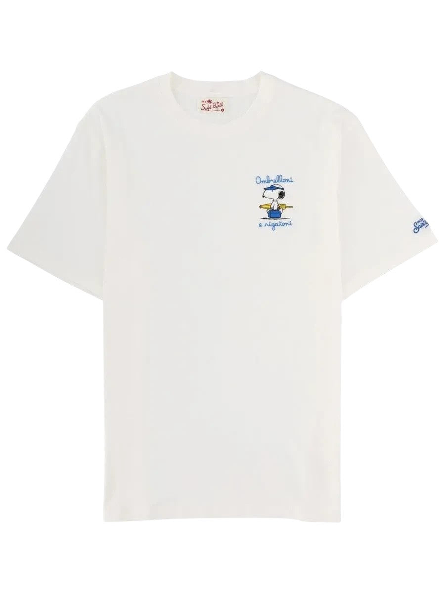 MC2 SAINT BARTH - Emilie White Ombrelloni e Rigatoni Snoopy T-Shirt mc2-saint-barth-emilie-white-ombrelloni-rigatoni-snoopy-t-shirt-front-webp