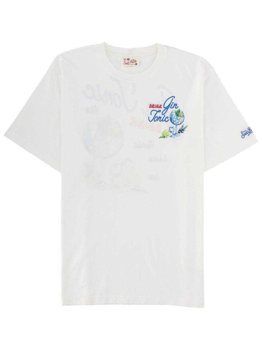 MC2 Saint Barth white cotton T-shirt featuring a small Gin Tonic graphic print on the chest with citrus and botanical details.