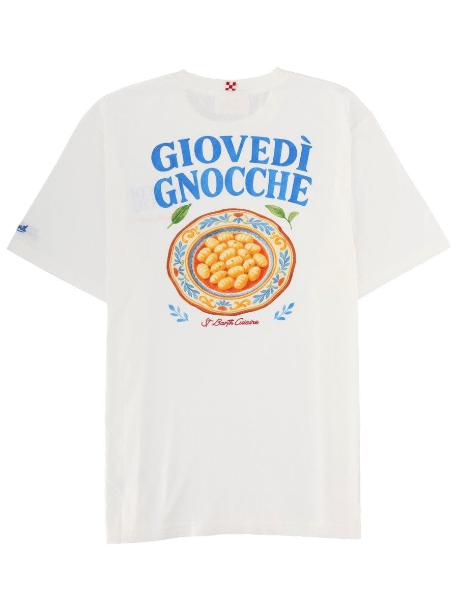 MC2 Saint Barth white cotton T-shirt featuring a small Giovedì Gnocche print with St Barth Cuisine lettering on the chest.
