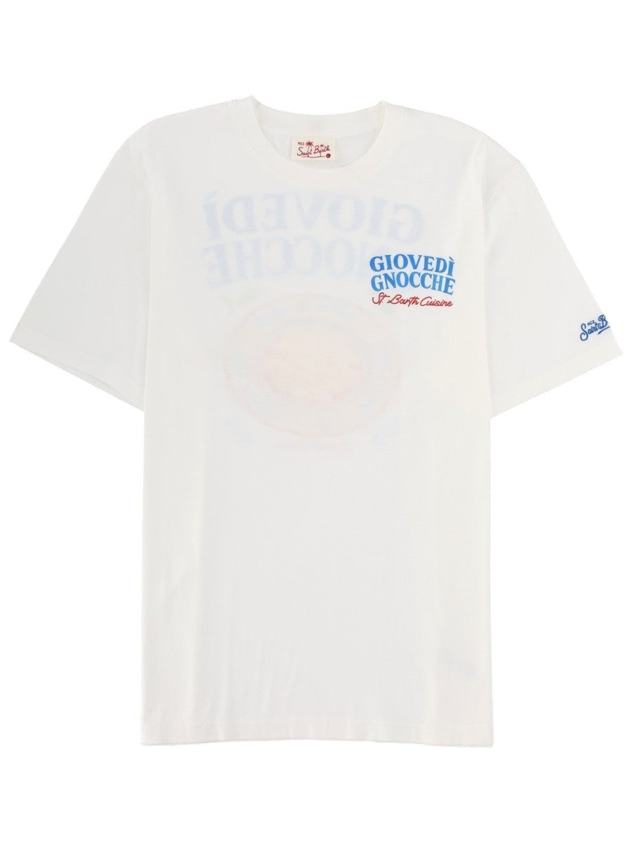 MC2 Saint Barth white cotton T-shirt featuring a small Giovedì Gnocche print with St Barth Cuisine lettering on the chest.