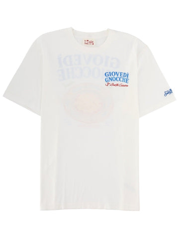 MC2 Saint Barth white cotton T-shirt featuring a small Giovedì Gnocche print with St Barth Cuisine lettering on the chest.