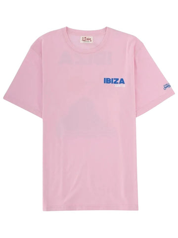 MC2 Saint Barth Ibiza Habitué pink graphic T-shirt with short sleeves, crew neck, blue front logo and Saint Barth sleeve detail.