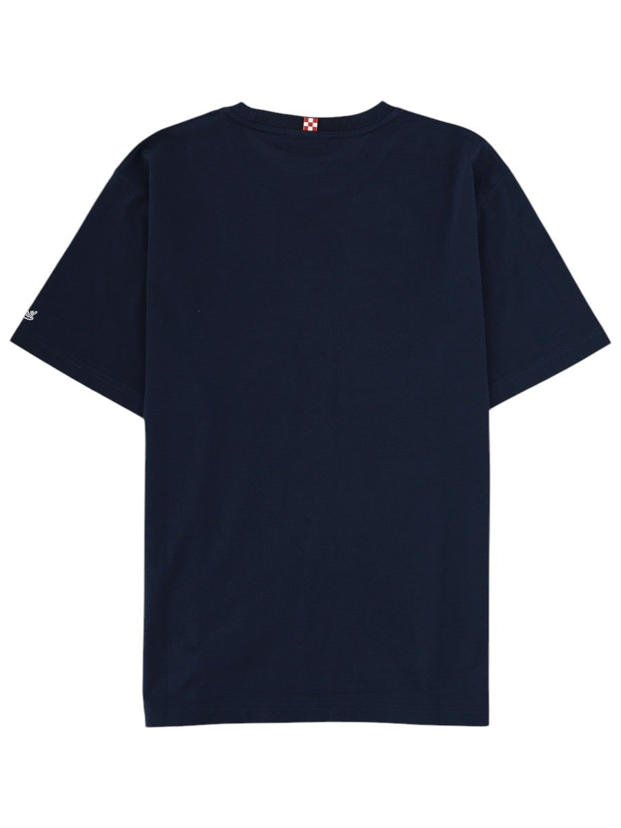 MC2 Saint Barth navy blue cotton T-shirt featuring an "It's Spritz O'Clock" embroidered motif with a watch and spritz glass on the chest.