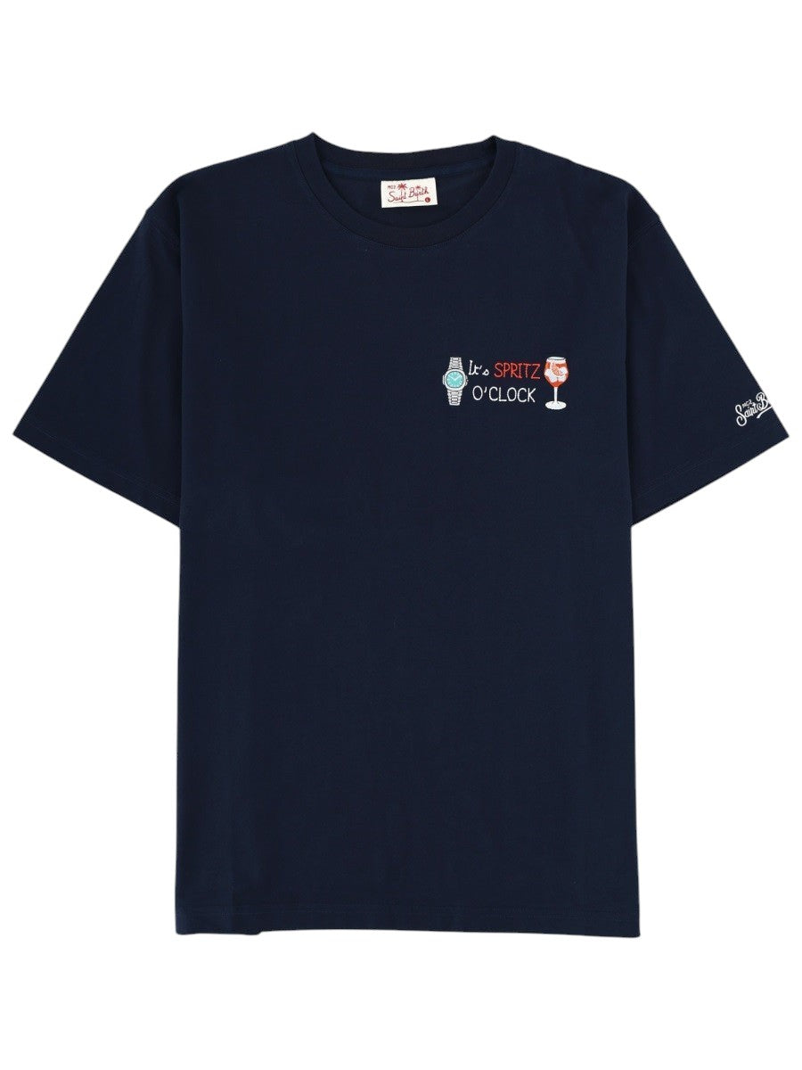MC2 Saint Barth navy blue cotton T-shirt featuring an "It's Spritz O'Clock" embroidered motif with a watch and spritz glass on the chest.