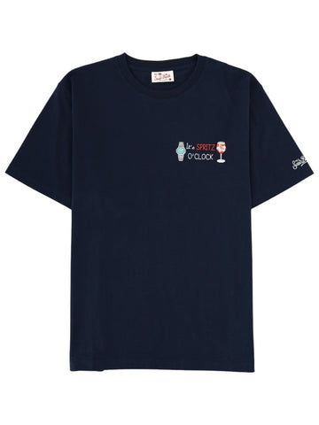 MC2 Saint Barth navy blue cotton T-shirt featuring an "It's Spritz O'Clock" embroidered motif with a watch and spritz glass on the chest.
