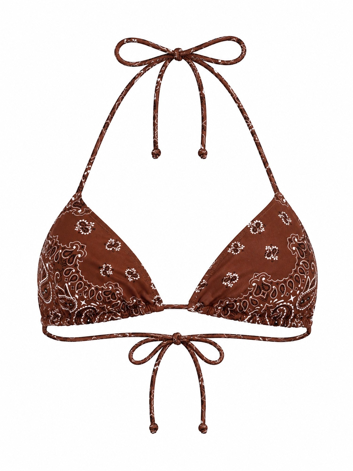MC2 SAINT BARTH Leah Bandana Triangle Bikini Top in brown, front flat view with paisley print and adjustable tie straps.