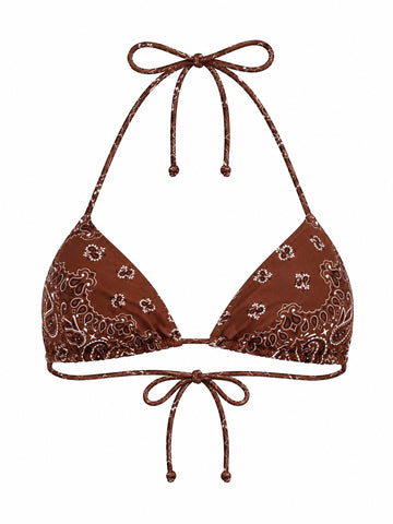 MC2 SAINT BARTH Leah Bandana Triangle Bikini Top in brown, front flat view with paisley print and adjustable tie straps.