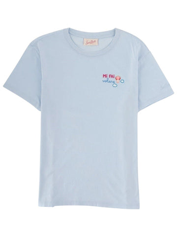 MC2 Saint Barth light blue 100% cotton t-shirt with embroidered text "Mi fai volare" and cloud details.