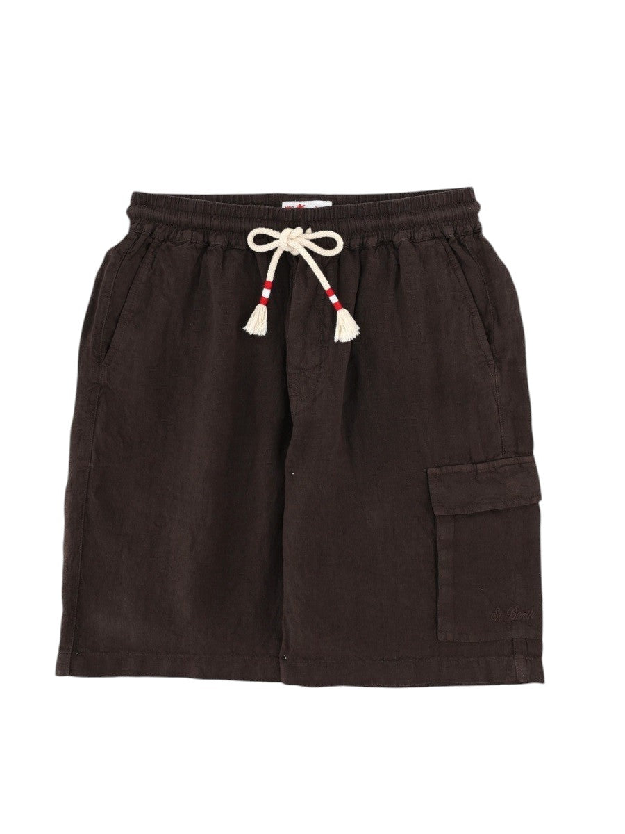 MC2 Saint Barth cargo bermuda shorts in dark brown linen blend featuring an elasticated drawstring waistband, side pockets and flap cargo pocket detail.