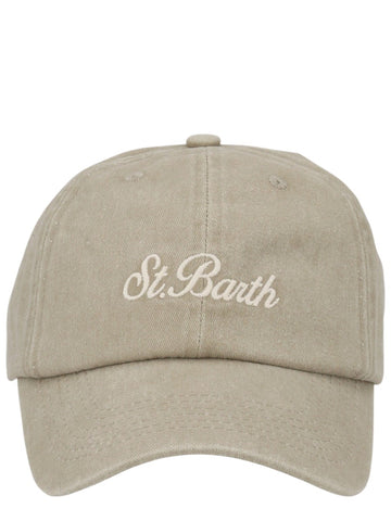 Front view of MC2 Saint Barth beige cotton baseball cap featuring white St. Barth logo embroidery and a curved brim.