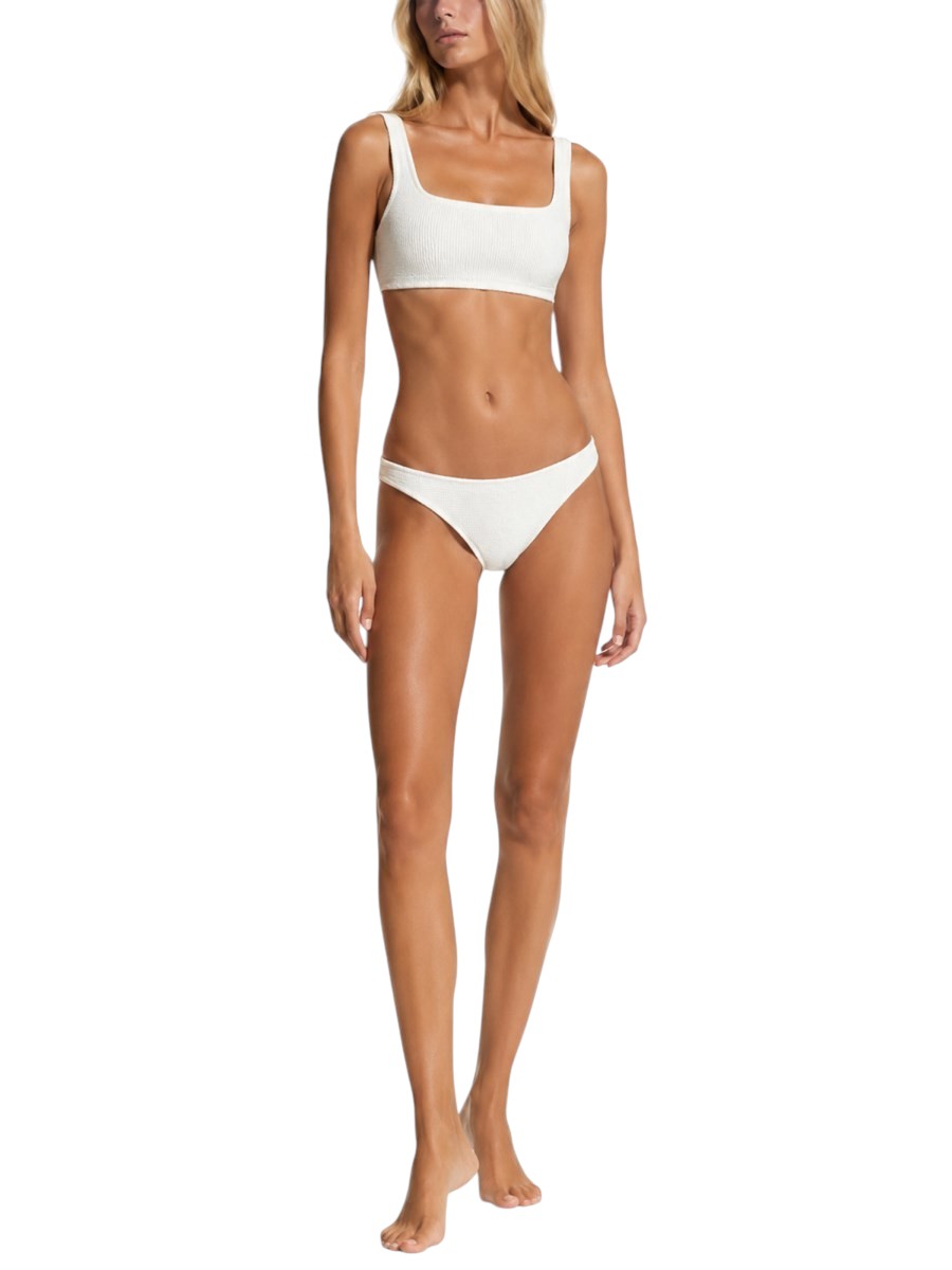 MC2 SAINT BARTH Naima Crinkle Bikini Top in white, model front view with square neckline and matching bikini bottom.