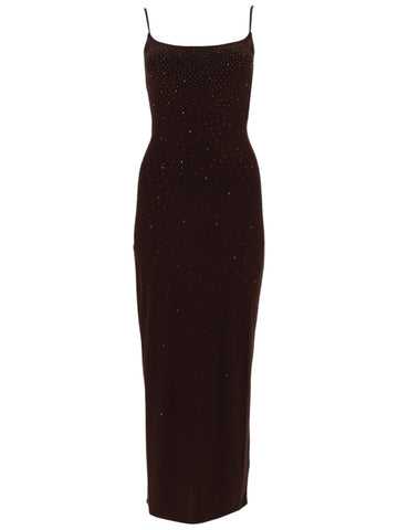 MC2 Saint Barth rhinestone embellished maxi dress in dark brown featuring thin straps, a slim full-length silhouette and sparkling rhinestone details.