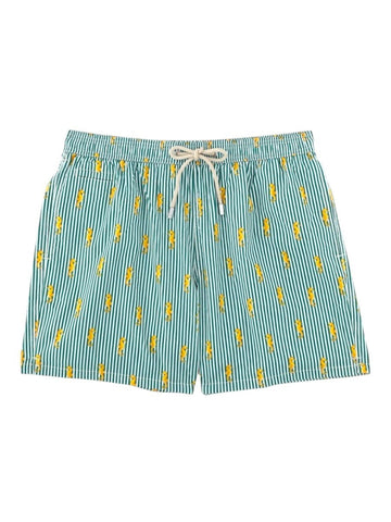 MC2 SAINT BARTH men's swim shorts with green and white vertical stripes, embroidered yellow seahorse print and adjustable drawstring waistband.