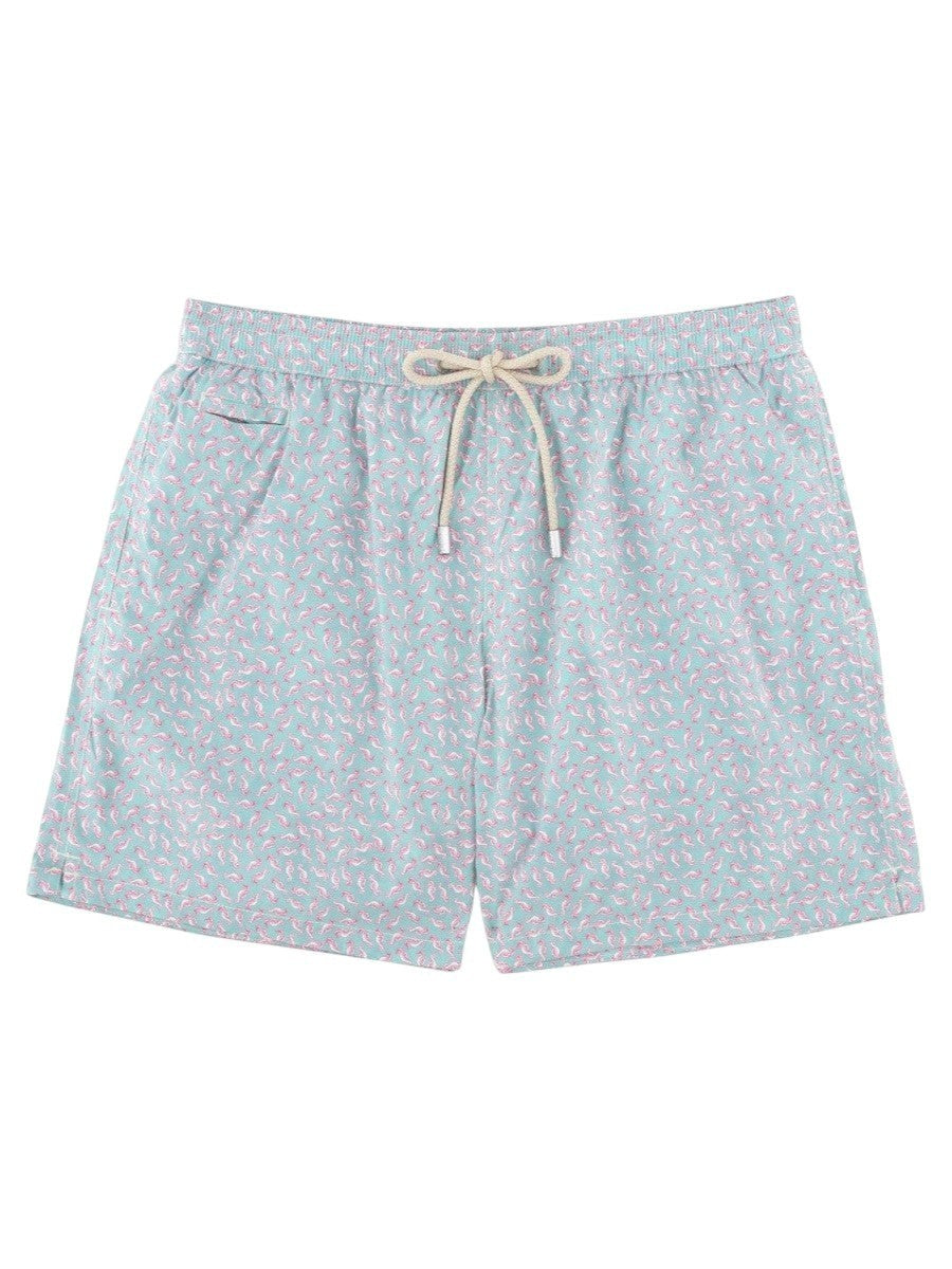 MC2 SAINT BARTH men's swim shorts featuring an all-over pink seahorse print on a light blue background with an adjustable drawstring waistband.