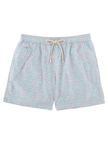 MC2 SAINT BARTH men's swim shorts featuring an all-over pink seahorse print on a light blue background with an adjustable drawstring waistband.
