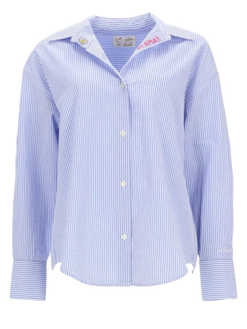 MC2 Saint Barth striped cotton shirt in light blue and white featuring a relaxed fit, daisy embroidery on the collar and button-front closure.
