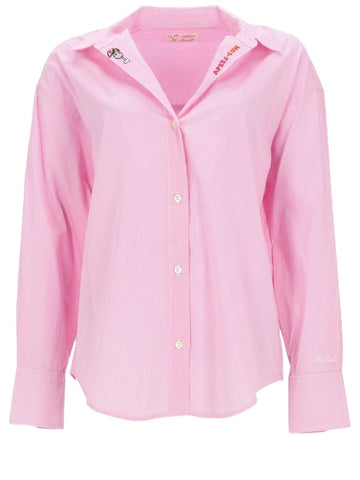 MC2 Saint Barth striped cotton shirt in pink and white featuring embroidered collar details, button-front closure and relaxed fit.