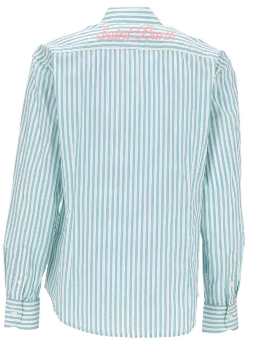MC2 SAINT BARTH - Striped Cotton Shirt with Embroidered Logo - Green White mc2-saint-barth-striped-cotton-shirt-with-embroidered-logo-green-white-front-jpg