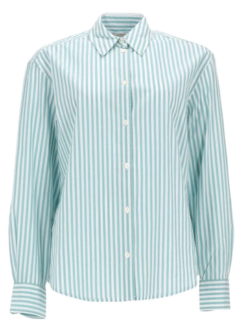 MC2 Saint Barth striped cotton shirt with embroidered logo in green and white, featuring a classic collar and button-front closure.
