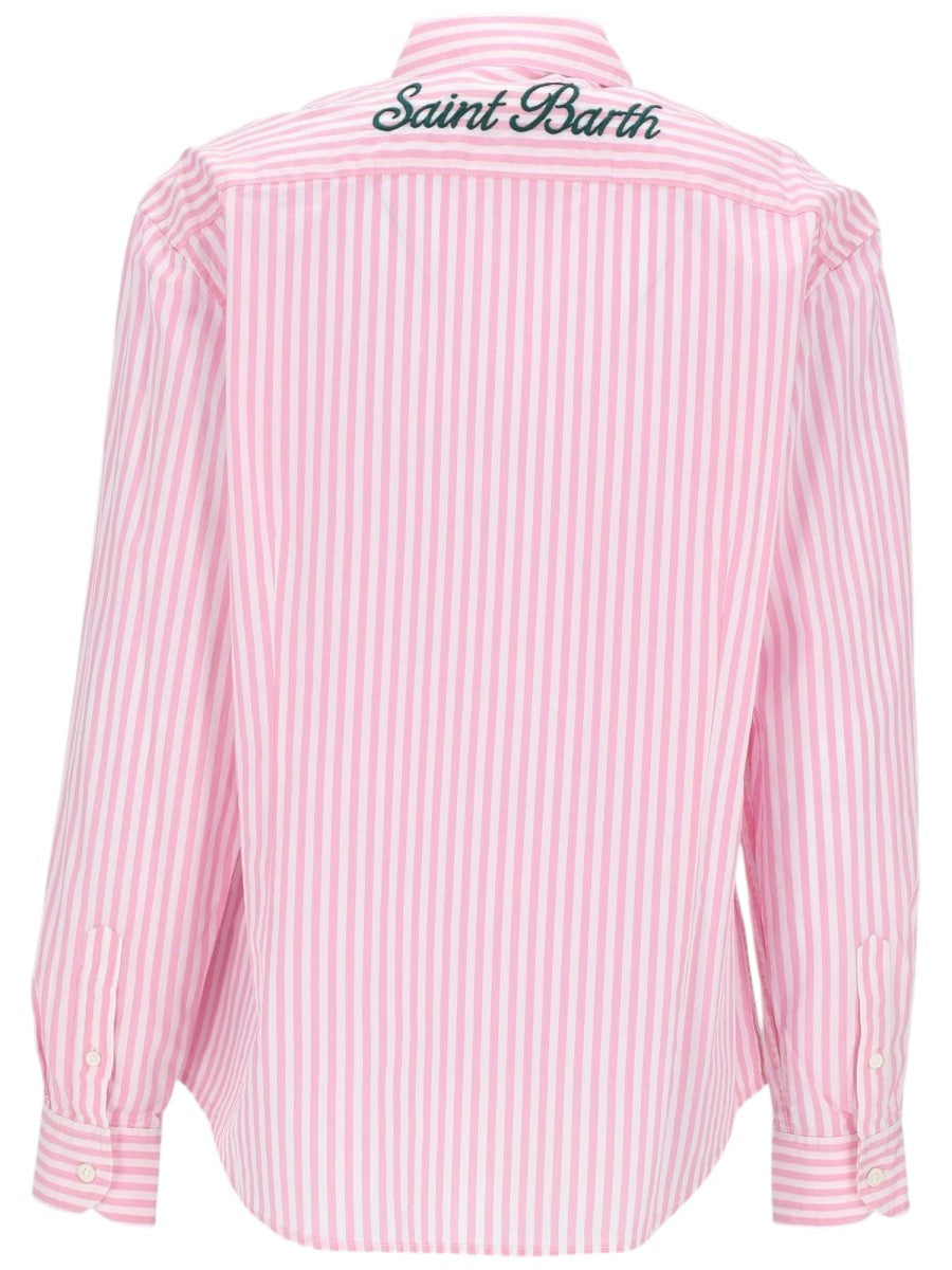 Back view of MC2 Saint Barth striped cotton shirt with embroidered Saint Barth logo in pink and white, showcasing the signature embroidery across the upper back.