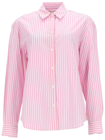 MC2 Saint Barth striped cotton shirt with embroidered logo in pink and white, featuring a classic collar, button-front closure, and relaxed fit.