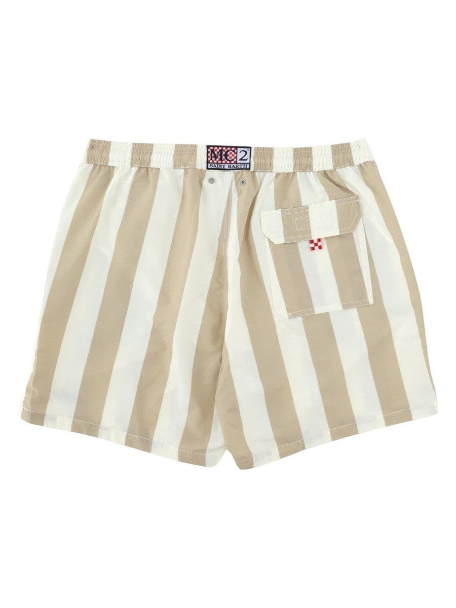 MC2 SAINT BARTH men's striped swim shorts shown from the rear, with beige and white pattern, logo waistband and flap back pocket.