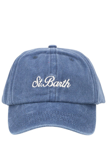 Front view of MC2 Saint Barth washed cotton baseball cap in blue featuring white St. Barth logo embroidery and a curved brim.