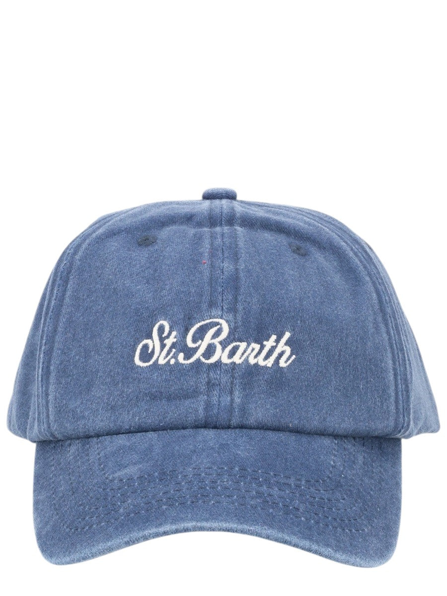 Front view of MC2 Saint Barth washed cotton baseball cap in blue featuring white St. Barth logo embroidery and a curved brim.
