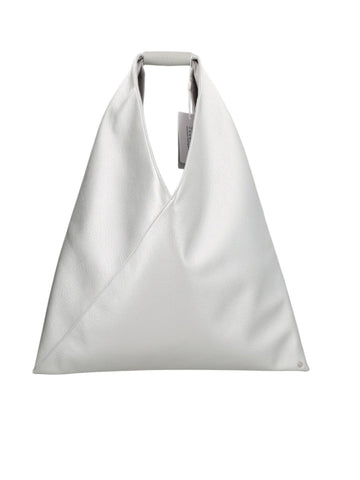 MM6 Maison Margiela Japanese Medium handbag crafted in metallic silver faux leather with the iconic folded triangular design and minimalist top handle.