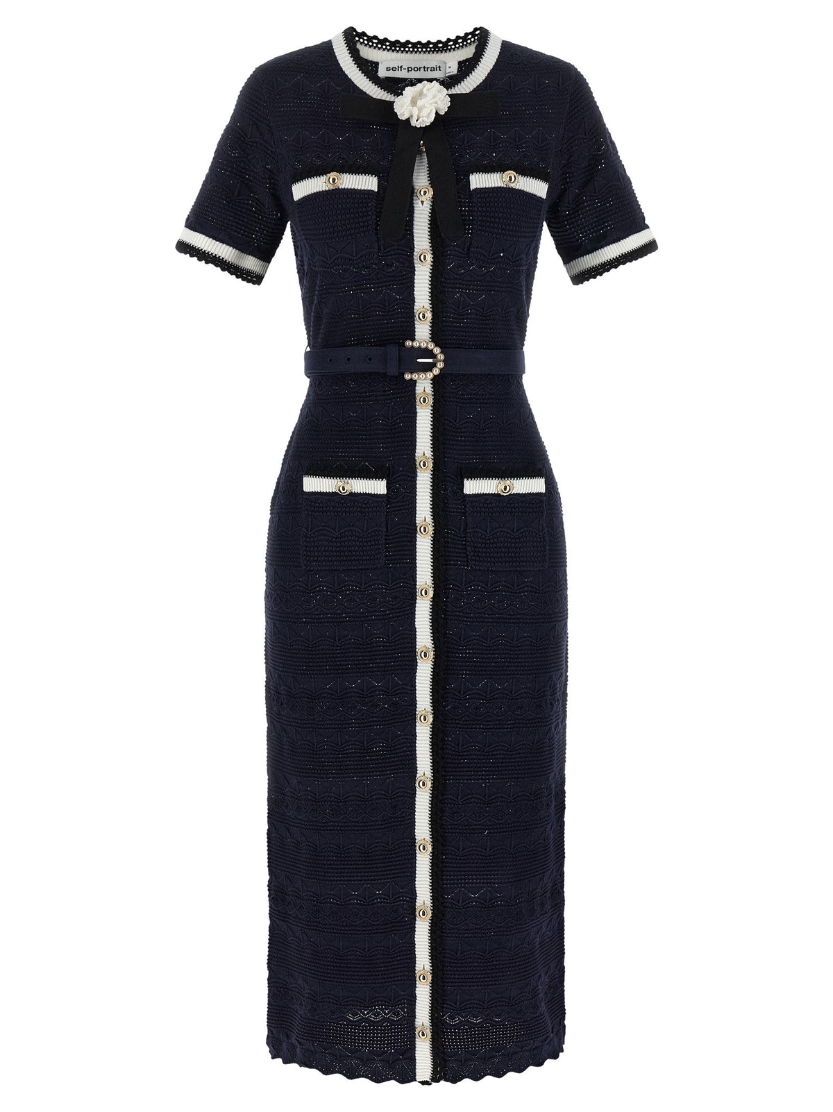 SELF PORTRAIT - 'Navy Pointelle Knit Midi' dress navy-pointelle-knit-midi-dress