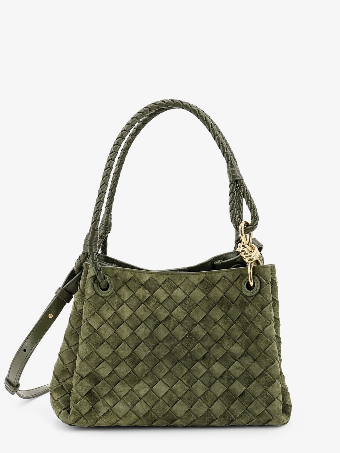 Bottega Veneta - Parachute suede shoulder bag with Intrecciato motif GREEN TWEED-M BRASS UNI