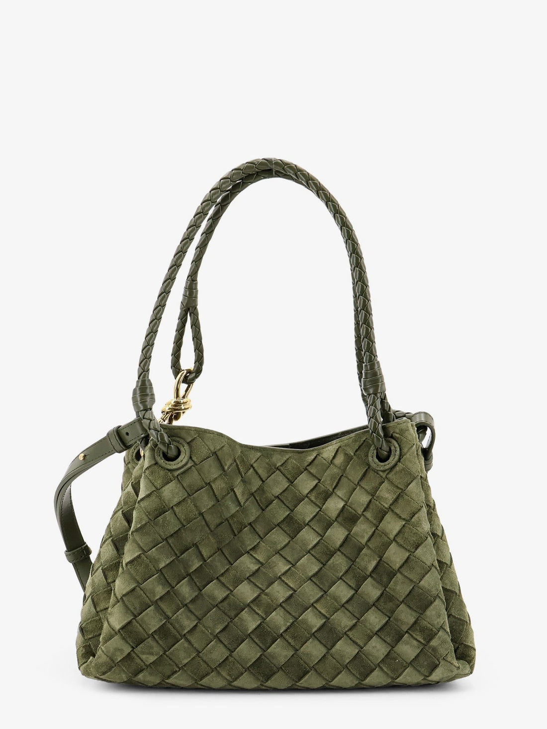 Bottega Veneta - Parachute suede shoulder bag with Intrecciato motif GREEN TWEED-M BRASS UNI