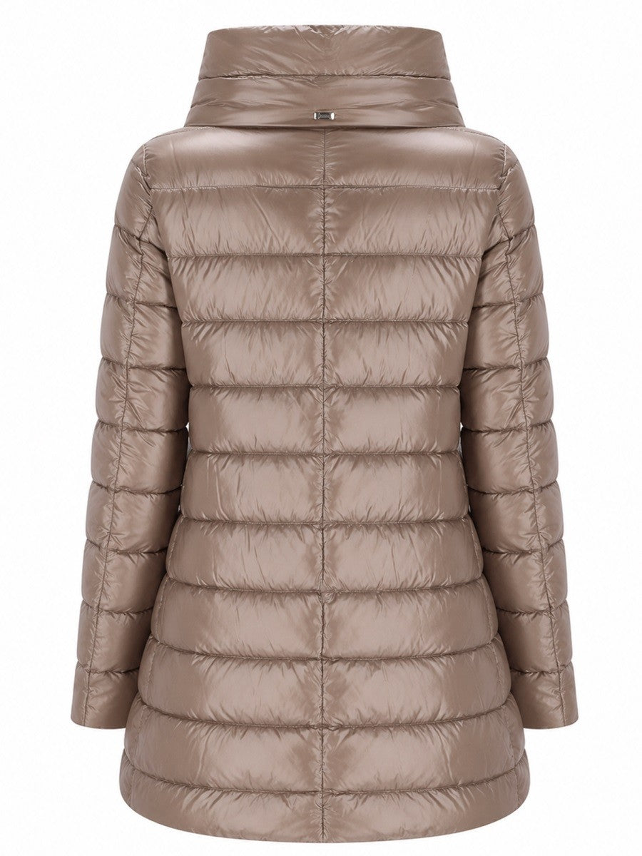Herno  A-Shape Amelia Down Jacket Beige for women, shiny, metallic taupe-brown puffer jacket with a high stand-up collar and horizontal quilting.