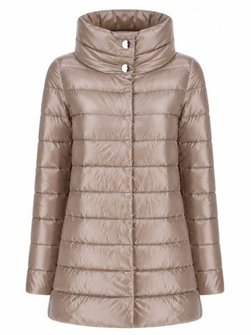 Herno  A-Shape Amelia Down Jacket Beige for women, shiny, metallic taupe-brown puffer jacket with a high stand-up collar and horizontal quilting.