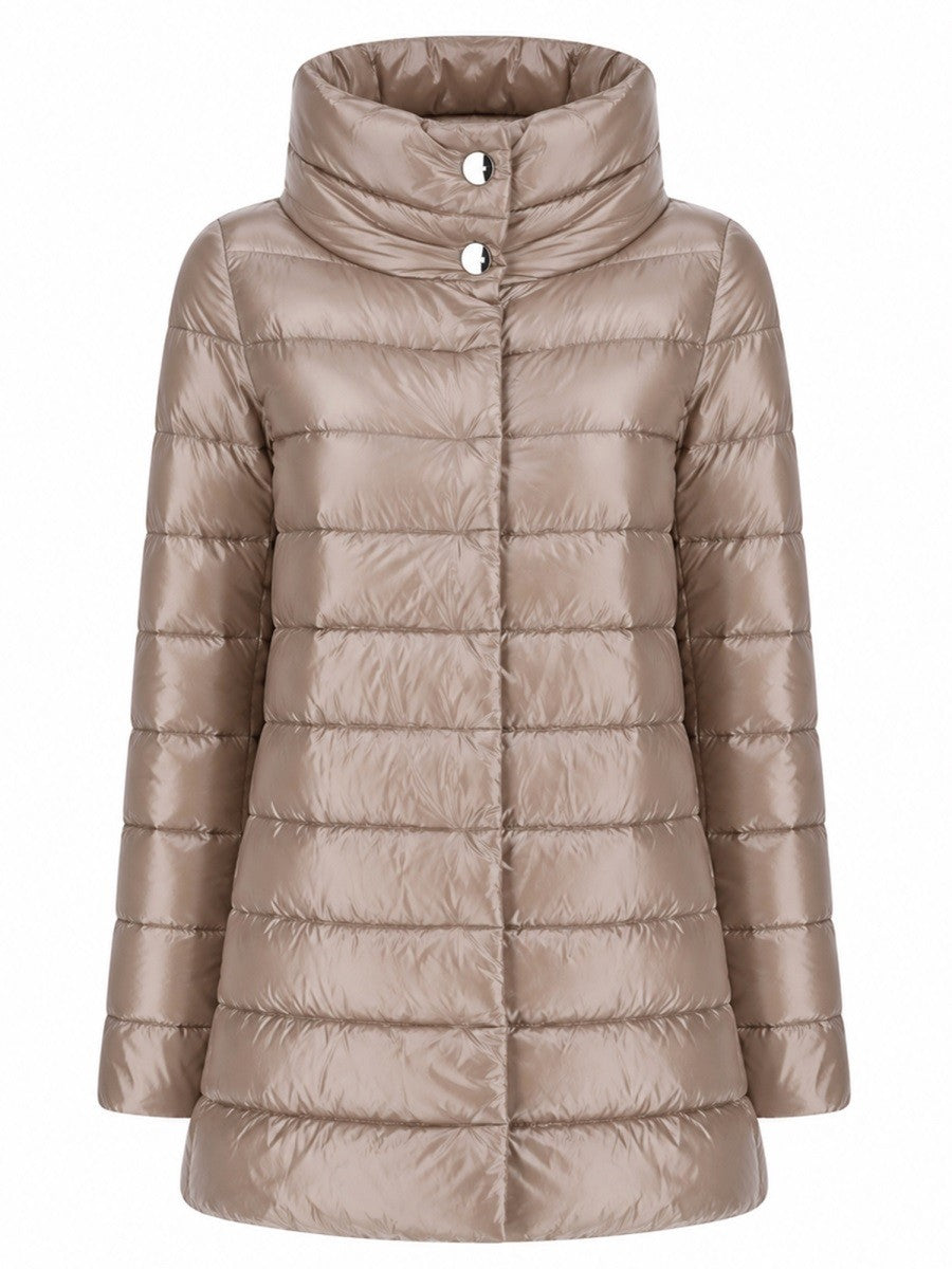 Herno  A-Shape Amelia Down Jacket Beige for women, shiny, metallic taupe-brown puffer jacket with a high stand-up collar and horizontal quilting.