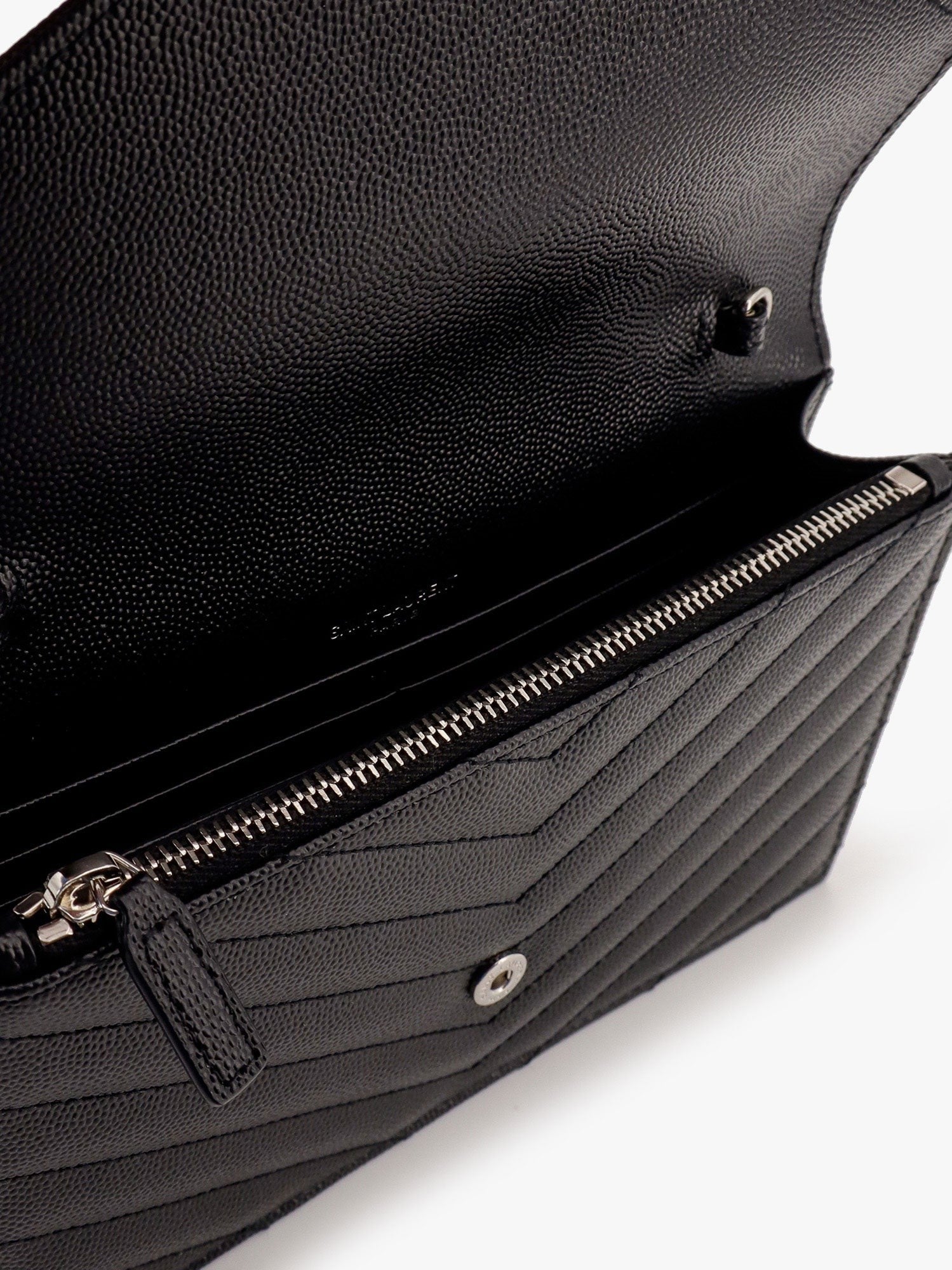 Pochette Cassandre grain-de-poudre leather clutch with shoulder strap