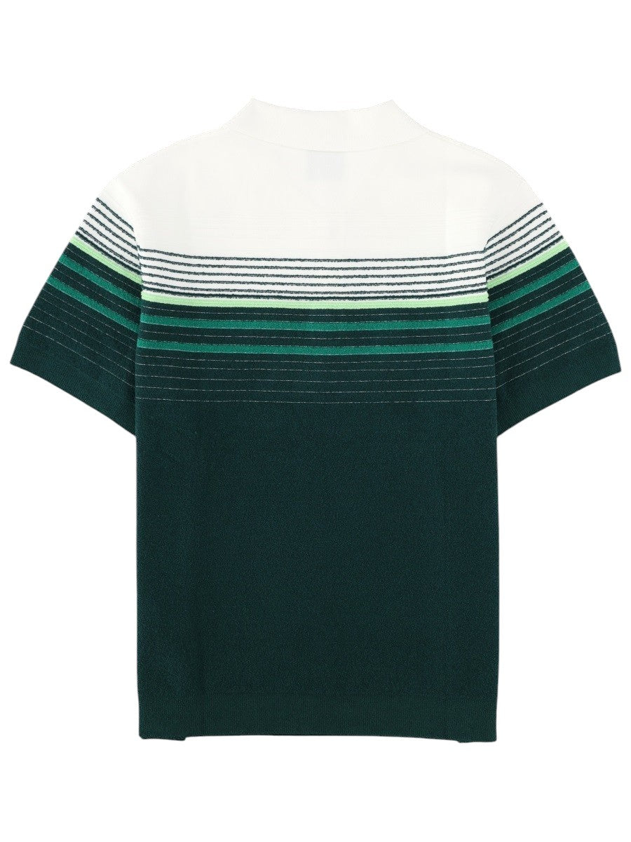 CASABLANCA - Green and White Boucle Striped Polo Shirt with LOGO