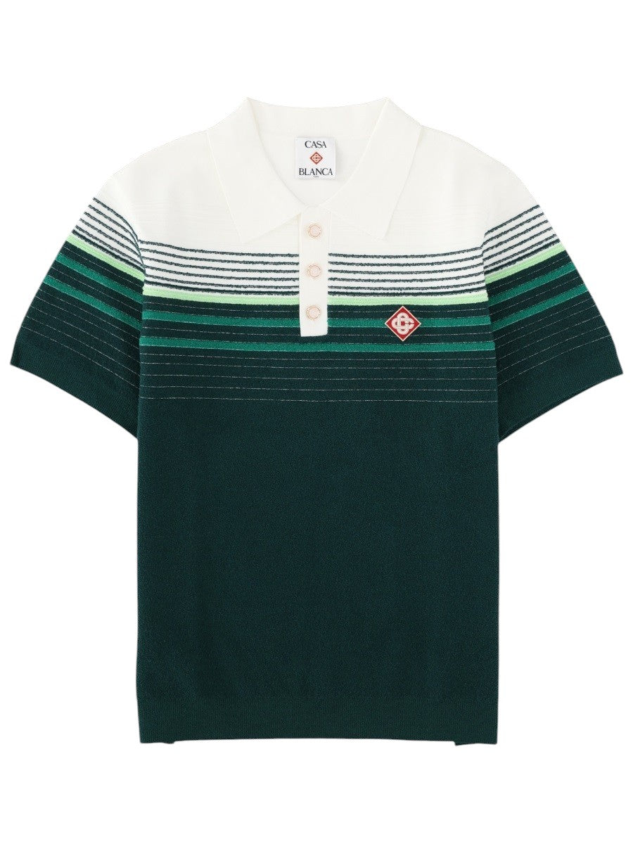 CASABLANCA - Green and White Boucle Striped Polo Shirt with LOGO