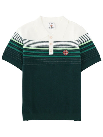 CASABLANCA - Green and White Boucle Striped Polo Shirt with LOGO