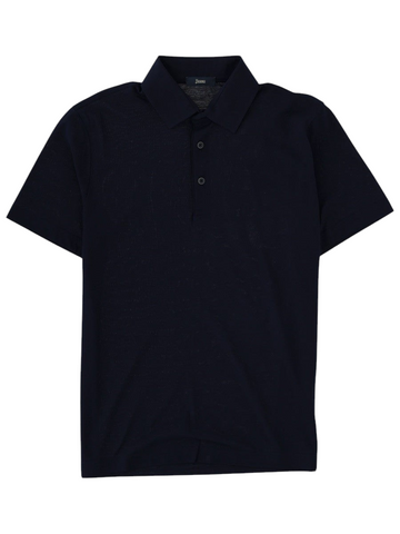 Klosmo Herno navy blue short-sleeve polo shirt made from 100% cotton with a classic collar and three-button placket.