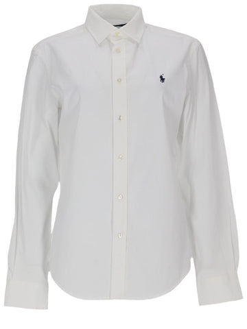 Front view of Polo Ralph Lauren white classic shirt with pointed collar, button closure and embroidered chest logo