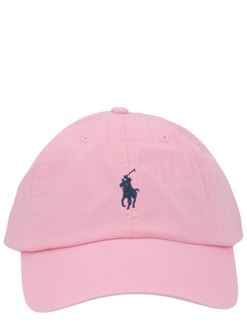 Front view of Polo Ralph Lauren cotton chino baseball cap in pink featuring the embroidered signature Pony logo and curved brim.