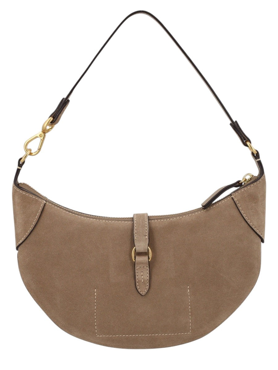 Back view of Polo Ralph Lauren small leather shoulder bag in taupe featuring gold-tone hardware and adjustable shoulder strap.