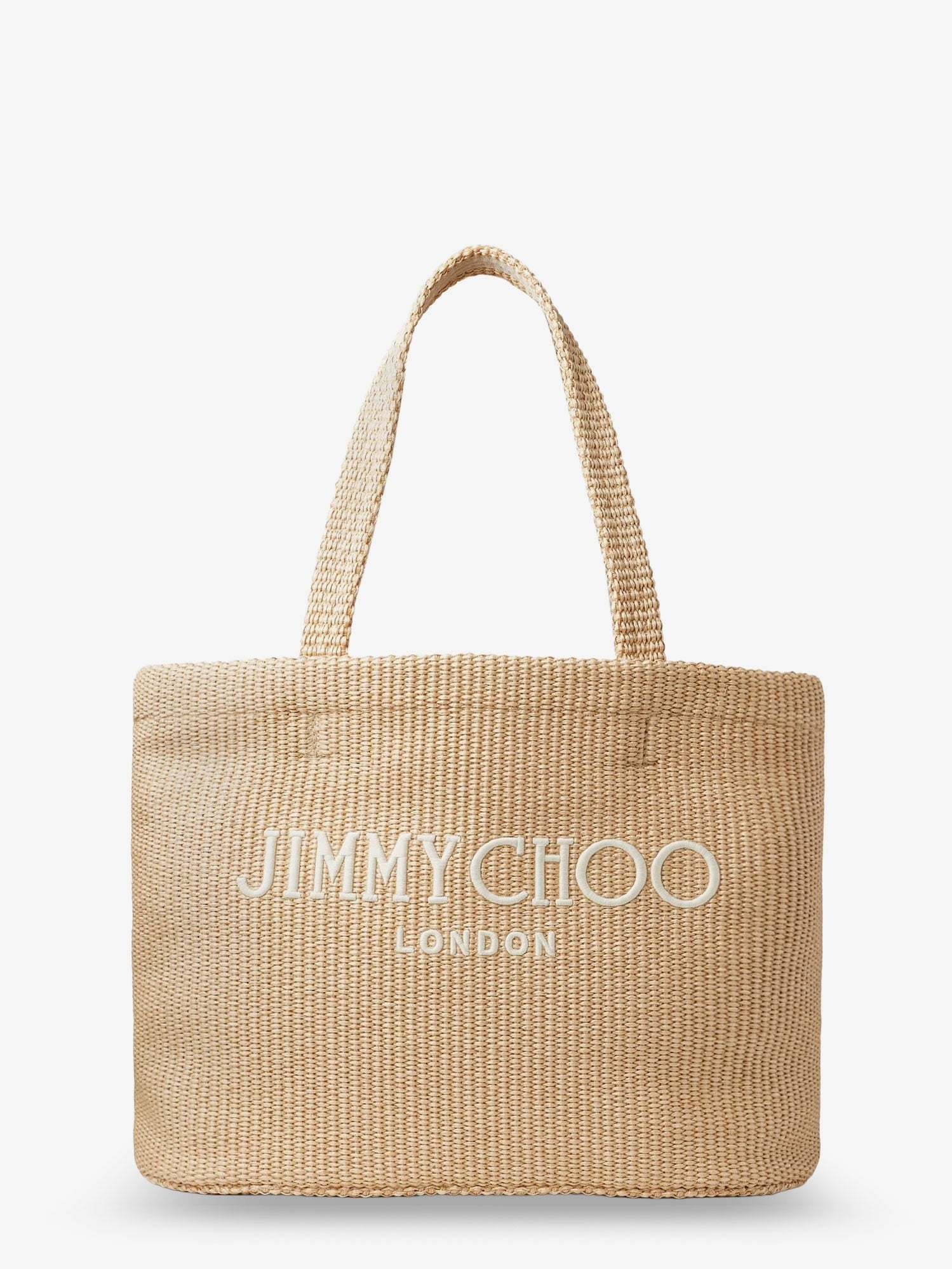 Jimmy Choo Raffia shopping bag with lettering logo on the front