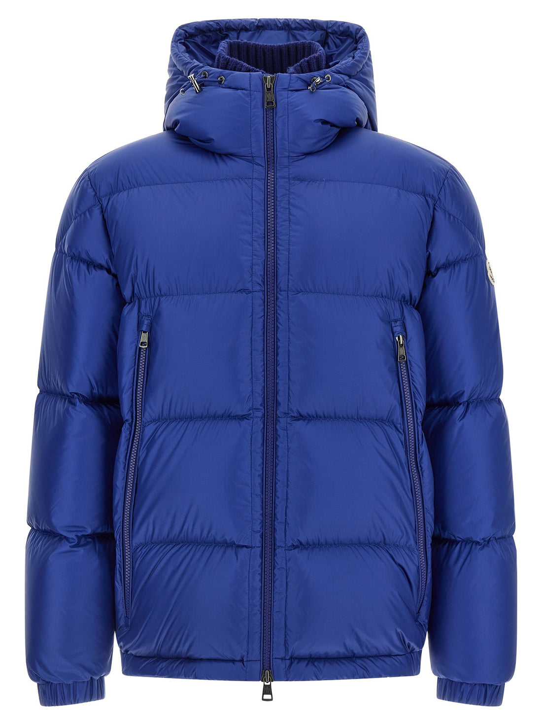 Moncler Blue puffer jacket with zip and pocket and hood for man